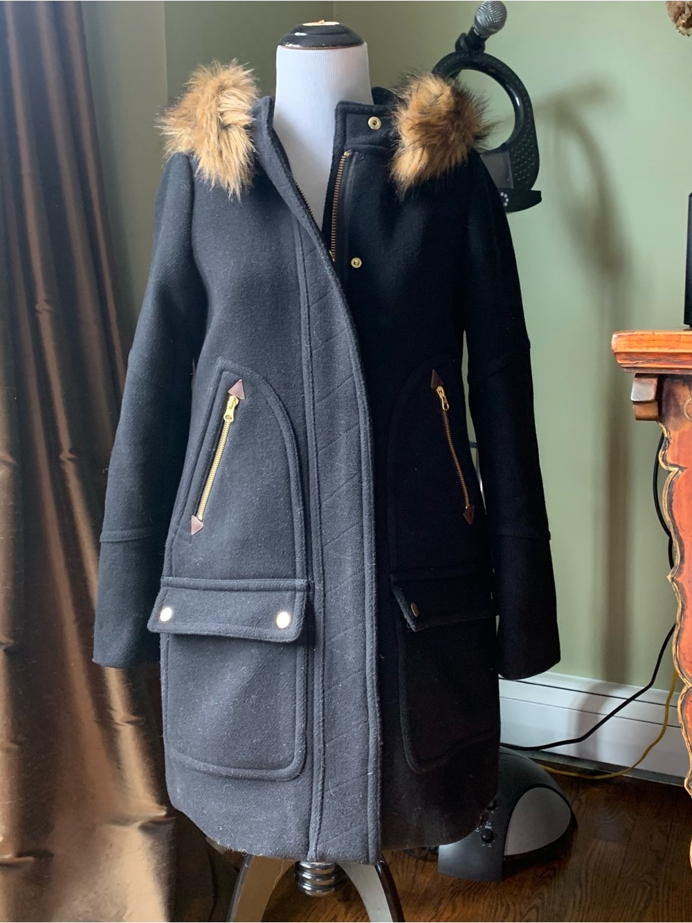 J.CREW BLACK Chateau Parka Coat Stadium Cloth Wool Blend 0 XS EUC